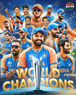Indian Cricket Team celebrating their World Cup win with the trophy