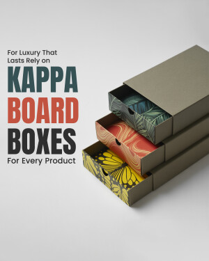 Stack of Kappa Board boxes with colorful patterned interiors