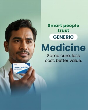 Man holding a generic medicine package with text promoting cost savings.