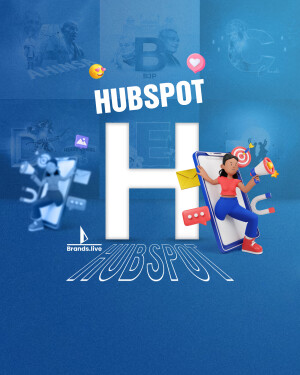 HubSpot logo with marketing icons and a person using a smartphone