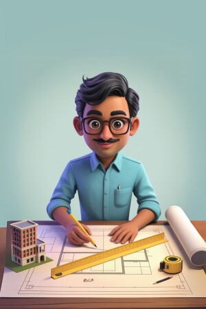 3D rendering of a young architect working on blueprints