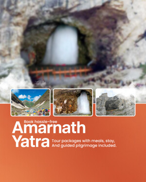 Amarnath Yatra advertisement with cave and pilgrimage details