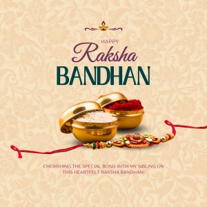 Raksha Bandhan greeting with Rakhi, sweets, and rice