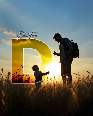 Silhouette of a father and son walking through a field at sunset with a large letter 'D' overlay.