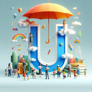 A 3D rendering of the letter 'U' with people and objects floating around it, symbolizing community and protection.