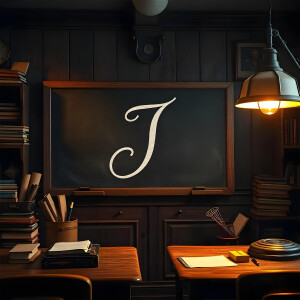 A dark, vintage study with a chalkboard displaying a cursive letter 'J'.