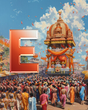 A vibrant illustration of the Rath Yatra festival with a large letter 'E' superimposed in the foreground.