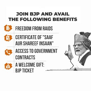 Political advertisement promoting BJP membership with benefits listed and image of Narendra Modi.