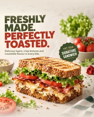 A gourmet toasted sandwich with fresh lettuce, tomatoes, and melted cheese on a light background