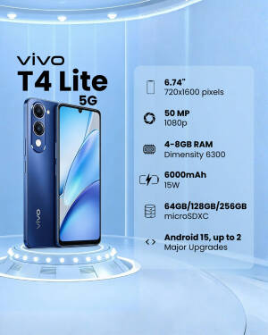 vivo T4 Lite 5G smartphone displayed with technical specifications against a light blue studio background.