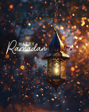 A beautifully lit Ramadan lantern with bokeh lights.