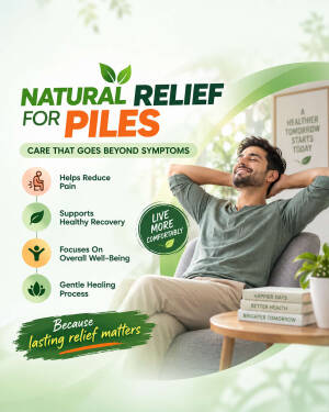 A man smiling comfortably in a chair promoting natural relief for piles