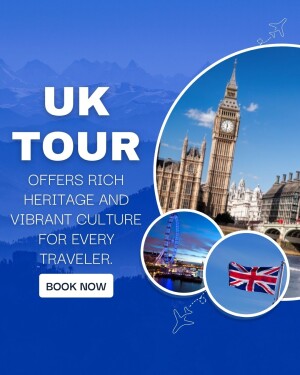 UK Tour promotional image featuring Big Ben, London Eye, and the Union Jack flag.