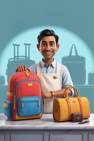 A smiling man standing behind a counter with travel bags and backpacks.