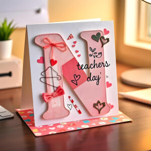 Close-up of a handmade Teacher's Day card with a large letter 'N' and heart decorations.