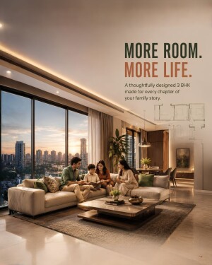 A happy family relaxing in a modern 3BHK luxury apartment living room overlooking a city skyline at sunset.