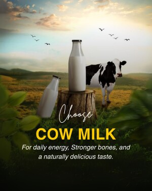 Image of a cow and milk bottles in a pastoral setting promoting cow milk.