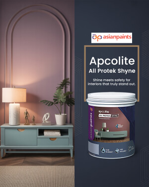 Asian Paints Apcolite All Protek Shyne paint can with a room interior showcasing the paint color.