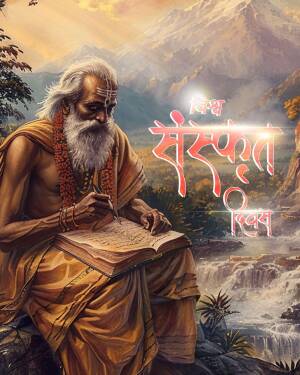 Portrait of Sage Vashishta writing in a book with a mountainous backdrop