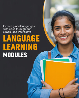 Young woman holding books with text promoting language learning modules.