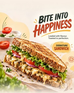 A delicious toasted sandwich featuring lettuce, tomato, onion, and melted cheese on rustic wooden board.