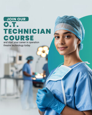 A female OT technician in scrubs smiling at the camera, promoting an OT technician course.