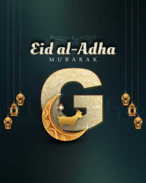 Eid al-Adha Mubarak with Crescent Moon and Goat