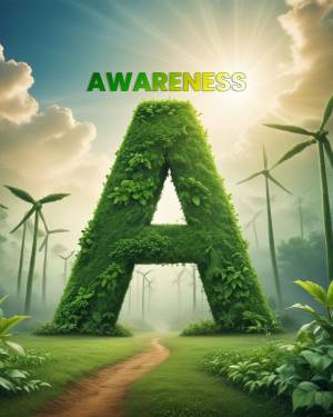 Letter 'A' formed by lush green grass with wind turbines in the background, representing environmental awareness.