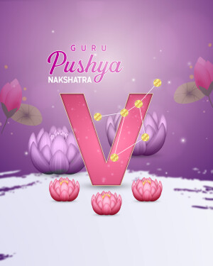 Illustration of the Pushya Nakshatra with lotus flowers and a prominent 'V' symbol.