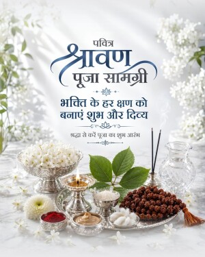 Essential Shravan month prayer items including flowers, incense, rudraksha beads and offerings