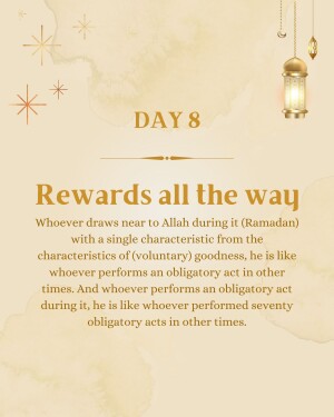 Ramadan Day 8 graphic with text about rewards for good deeds