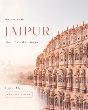 Hawa Mahal facade in Jaipur, India during a sunrise, advertising a Rajasthan getaway travel package.