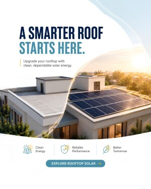 A residential rooftop showing a comparison between a standard roof and a solar panel system with the text A Smarter Roof Starts Here