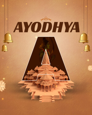 Digital artwork depicting the Ayodhya Ram Mandir with the letter 'A' and Lord Rama