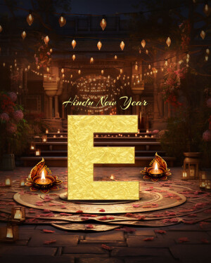 Golden letter 'E' with Diwali lamps and festive decorations for Hindu New Year