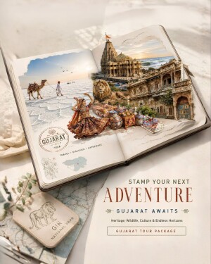 An open travel journal showing Gujarat landmarks, wildlife, and cultural dance, promoting a tour package.