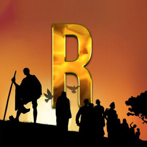 Silhouette of people walking towards the sunset with a large golden letter R in the foreground.