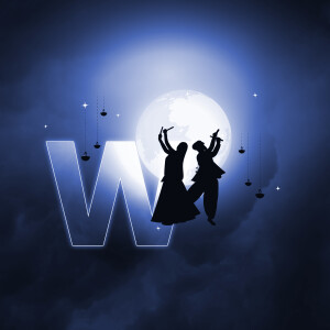 Silhouette of a couple dancing in front of a full moon with a large letter 'W'