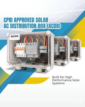 Three industrial AC distribution boxes for solar power systems against a blue and yellow background