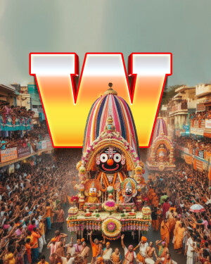 A vibrant image of the Jagannath Rath Yatra procession with a large 'W' overlay.