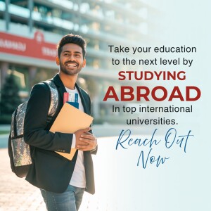 Young man with backpack and folders promoting studying abroad