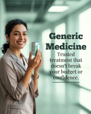 Woman holding a box of generic medicine with text overlay.