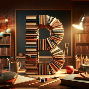 A letter 'B' creatively constructed from a stack of books, set in a cozy study environment.