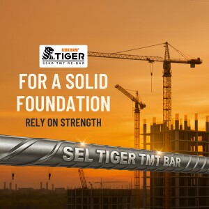 Image of Sel Tiger TMT Bar with a construction site background and a crane.