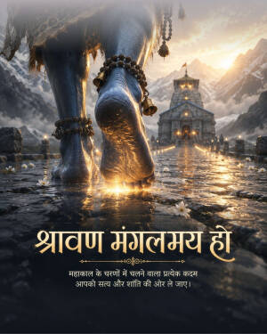 Lord Shiva's feet walking towards the illuminated Kedarnath temple during Sawan