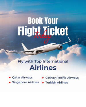 Airplane flying over a city with text promoting flight ticket booking