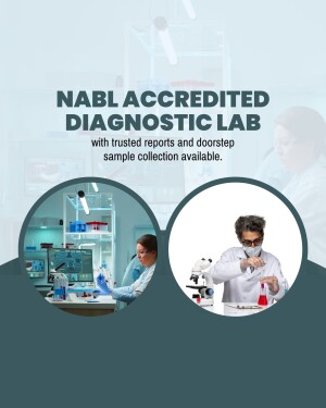 Image of a NABL accredited diagnostic lab with lab technicians and equipment.