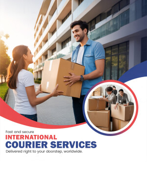 A delivery man handing a package to a woman with a background showing other delivery personnel and promotional text.