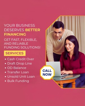 Image of a man and woman discussing finances with a laptop, promoting business financing services.