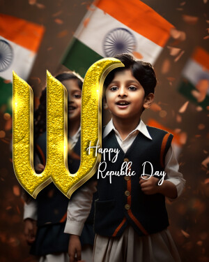 A young boy and girl in school uniform with a large golden 'W' and the Indian flag in the background, celebrating Republic Day.